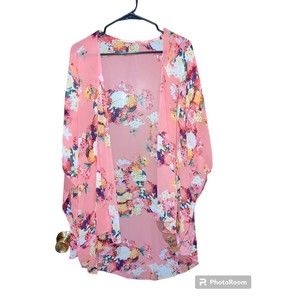 Semi Sheer Kimono Style Swim Cover Up Fuchsia Floral -Beach